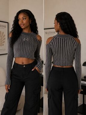 Fashion Nova Charcoal Gray Ribbed Cold-Shoulder Crop Sweater Sz. Medium